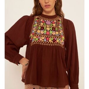 Antik Batik Top Line Embroidered Blouse Brown Hand Stitched Anthro Sz XS NEW